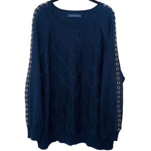 Tommy Hilfiger Navy Blue Sweater Grommet Lace Knit Pullover Women's Size XL